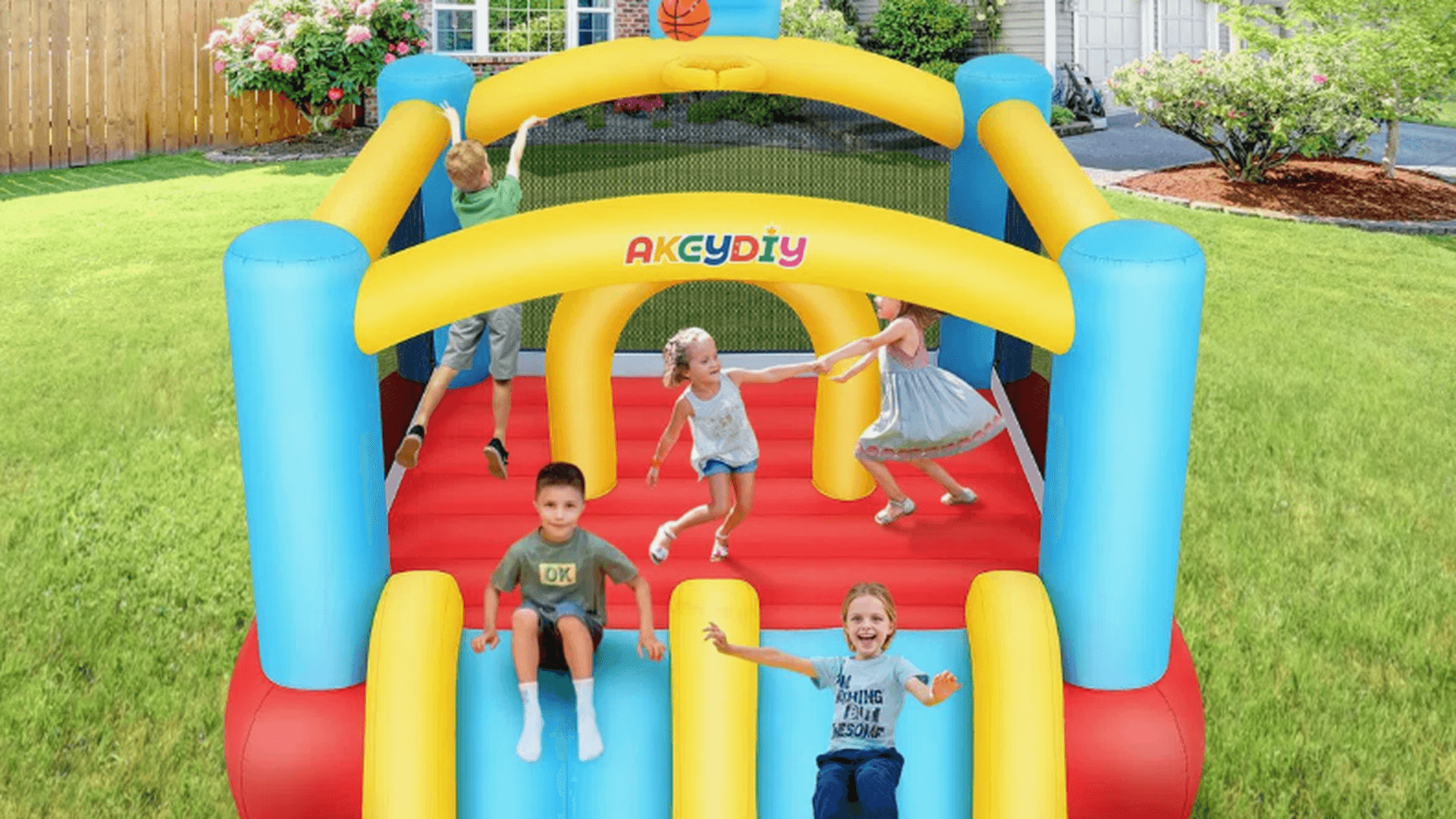 12.3' x 8.8' Bounce House with Basketball Hoop and Double-Slide